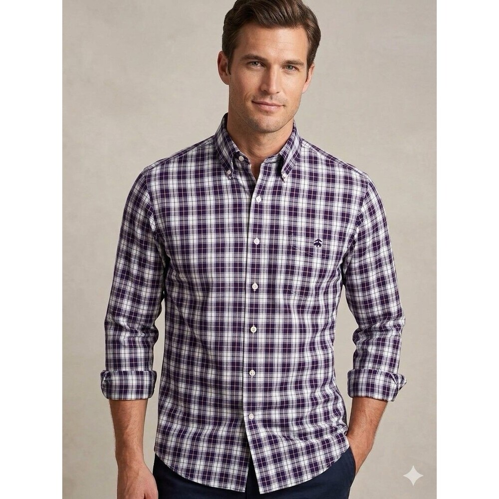 Brooks Brothers Purple And White Plaid Long Sleeve Size XL
